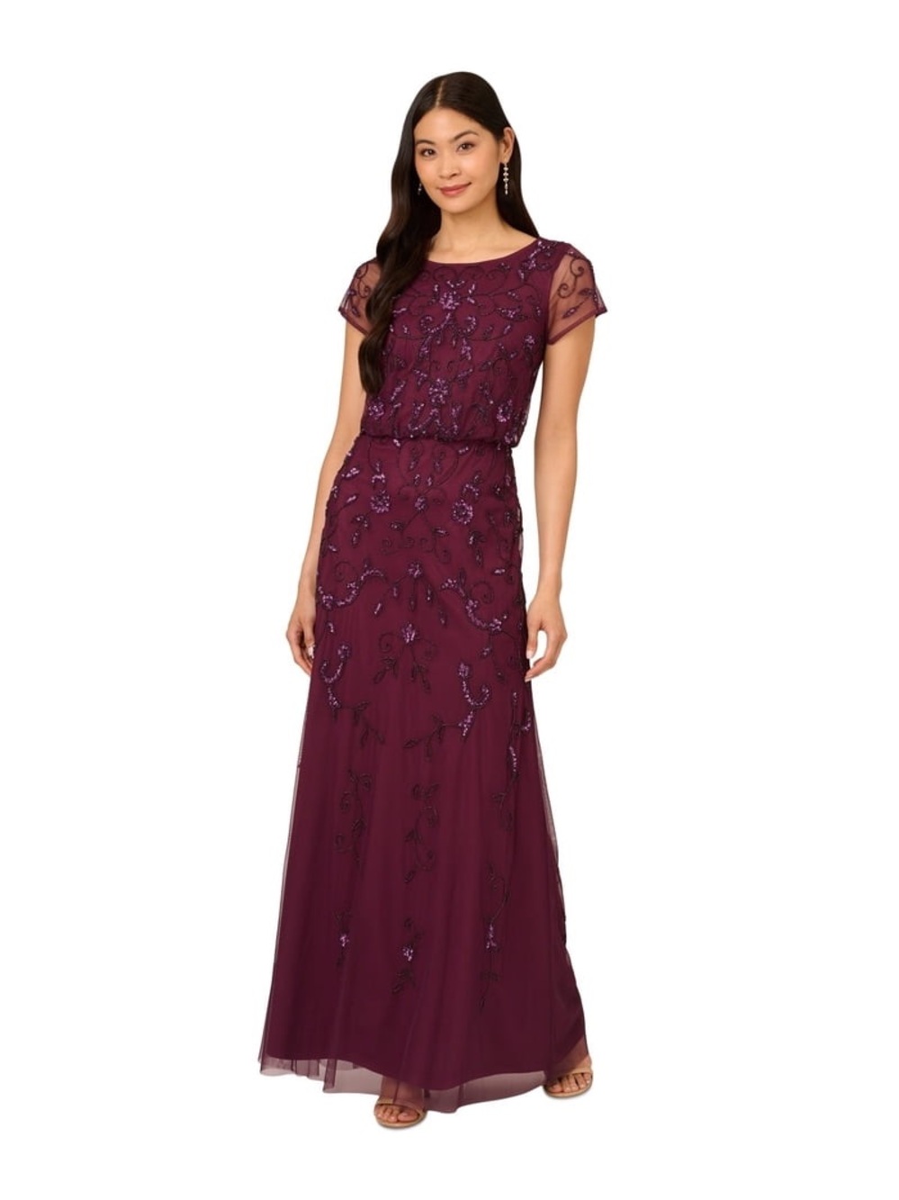 Adrianna Papell Size 14W NWT Burgundy Beaded Evening Gown Formal Maxi GALA MOB